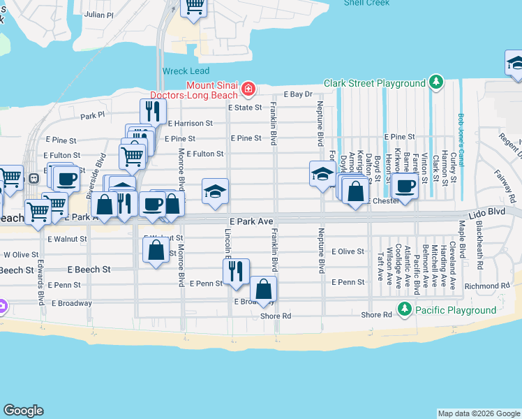 map of restaurants, bars, coffee shops, grocery stores, and more near 470 East Park Avenue in Long Beach