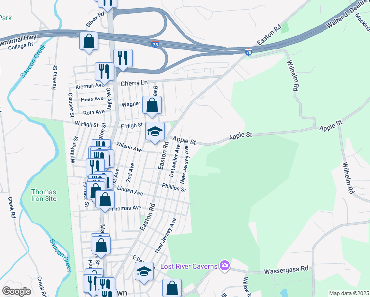 map of restaurants, bars, coffee shops, grocery stores, and more near 1428 New Jersey Avenue in Hellertown