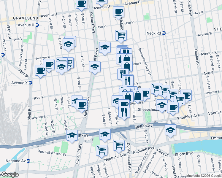 map of restaurants, bars, coffee shops, grocery stores, and more near 2531 East 7th Street in Brooklyn