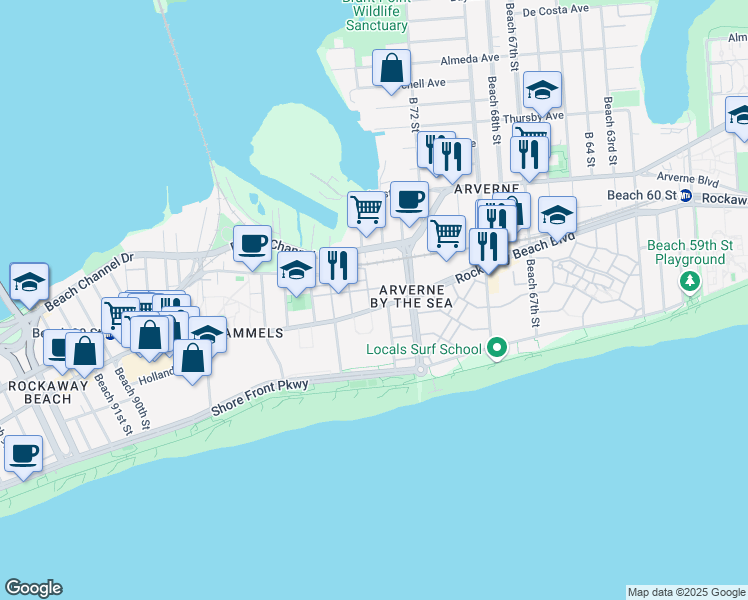map of restaurants, bars, coffee shops, grocery stores, and more near 2-10 Beach Breeze Place in Queens
