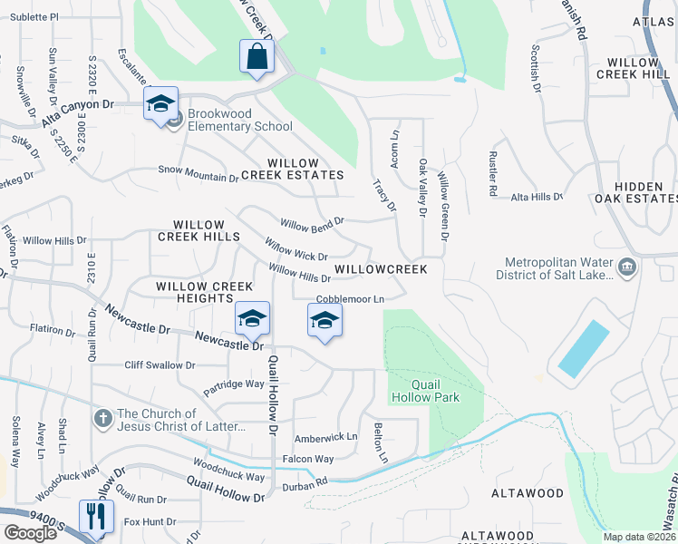 map of restaurants, bars, coffee shops, grocery stores, and more near 2809 Willow Hills Drive in Sandy