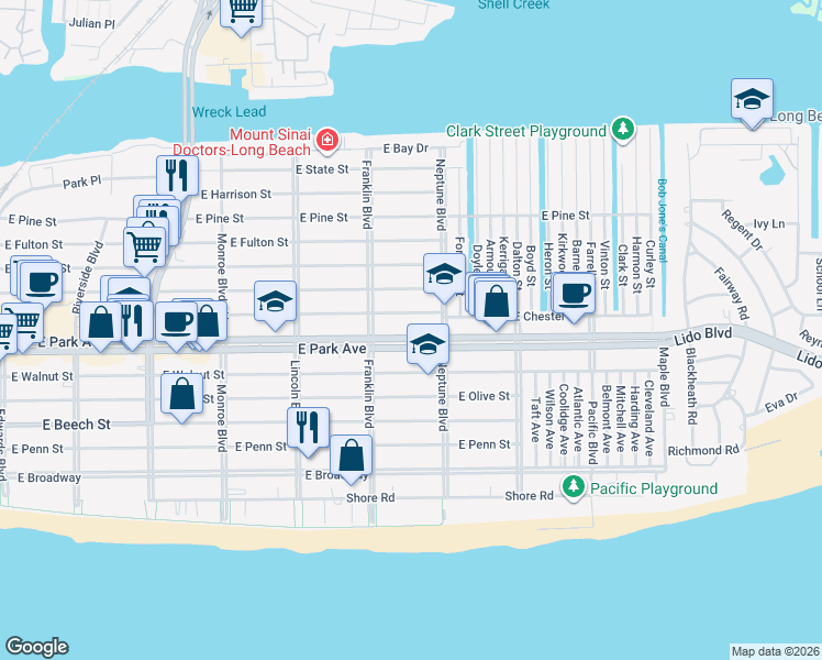 map of restaurants, bars, coffee shops, grocery stores, and more near 530 East Park Avenue in Long Beach