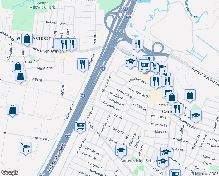 map of restaurants, bars, coffee shops, grocery stores, and more near 42 Patrick Street in Carteret
