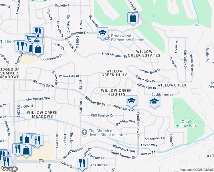 map of restaurants, bars, coffee shops, grocery stores, and more near 2482 Cheshire Circle in Sandy