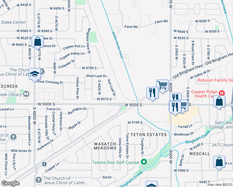 map of restaurants, bars, coffee shops, grocery stores, and more near 8941 Sun Leaf Drive in West Jordan