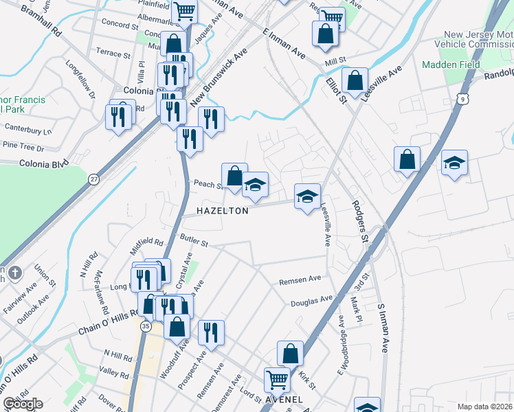map of restaurants, bars, coffee shops, grocery stores, and more near 45-85 Woodbine Avenue in Woodbridge Township