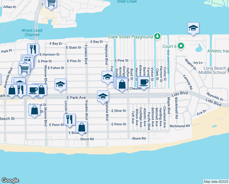 map of restaurants, bars, coffee shops, grocery stores, and more near 630 East Park Avenue in Long Beach