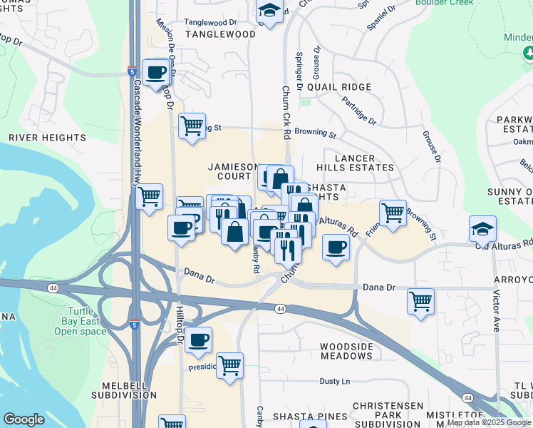 map of restaurants, bars, coffee shops, grocery stores, and more near 1330 Churn Creek Road in Redding