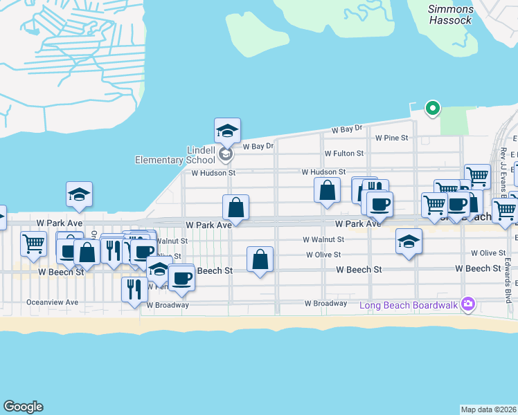 map of restaurants, bars, coffee shops, grocery stores, and more near 4 West Park Avenue in Long Beach