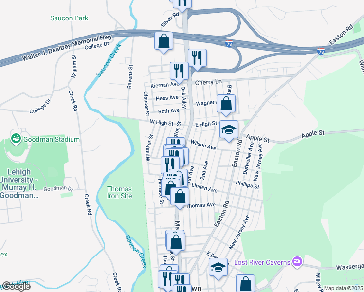 map of restaurants, bars, coffee shops, grocery stores, and more near 1368 Main Street in Hellertown