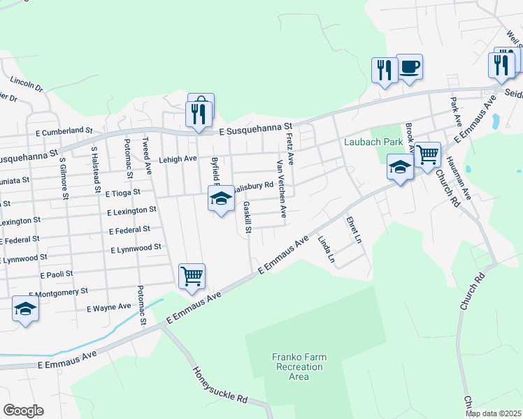 map of restaurants, bars, coffee shops, grocery stores, and more near 1231 Garden Avenue in Allentown