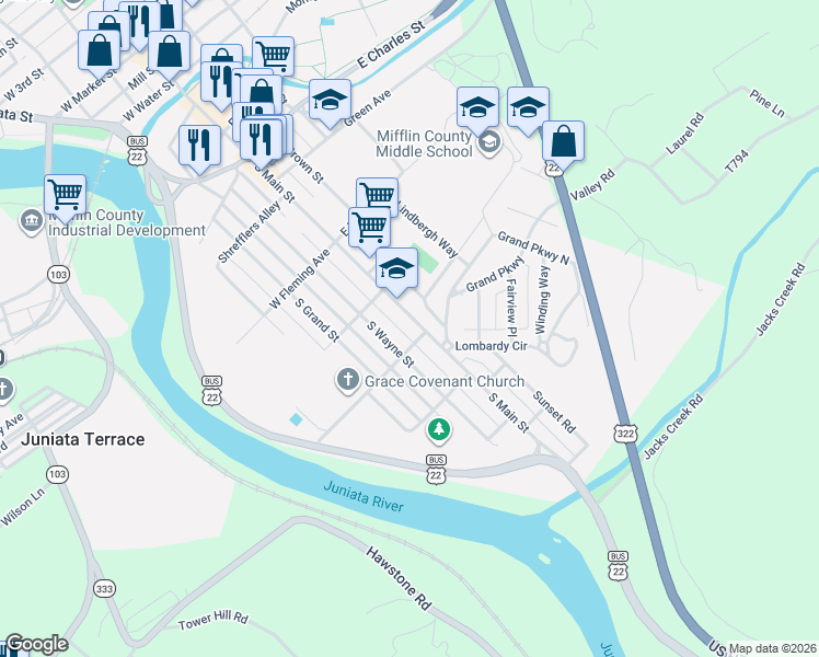 map of restaurants, bars, coffee shops, grocery stores, and more near 700-732 S Main St in Lewistown