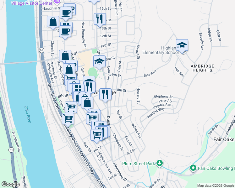 map of restaurants, bars, coffee shops, grocery stores, and more near 622 Pine Street in Ambridge