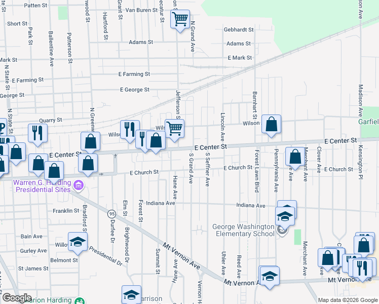 map of restaurants, bars, coffee shops, grocery stores, and more near 140 South Grand Avenue in Marion