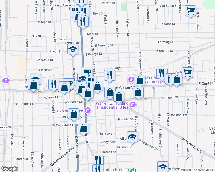 map of restaurants, bars, coffee shops, grocery stores, and more near 219 East Center Street in Marion