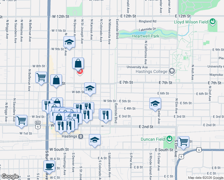 map of restaurants, bars, coffee shops, grocery stores, and more near 501-599 North Minnesota Avenue in Hastings