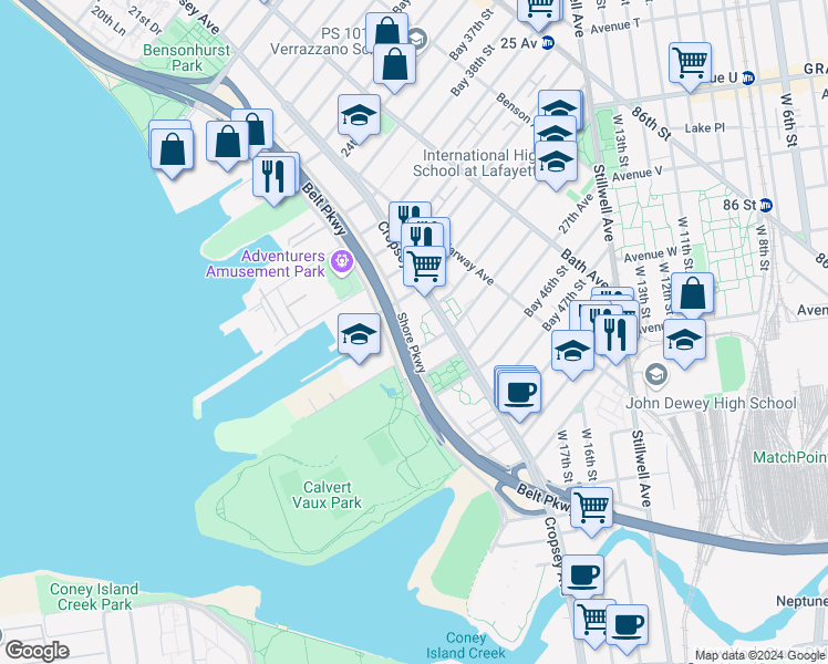 map of restaurants, bars, coffee shops, grocery stores, and more near 1935 Shore Parkway in Brooklyn