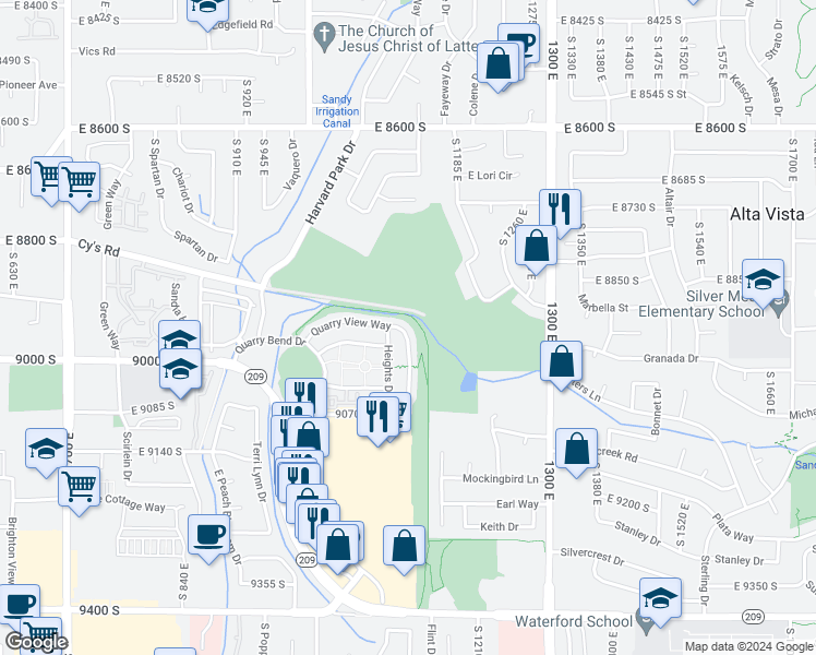 map of restaurants, bars, coffee shops, grocery stores, and more near 8931 Quarry Stone Way in Sandy