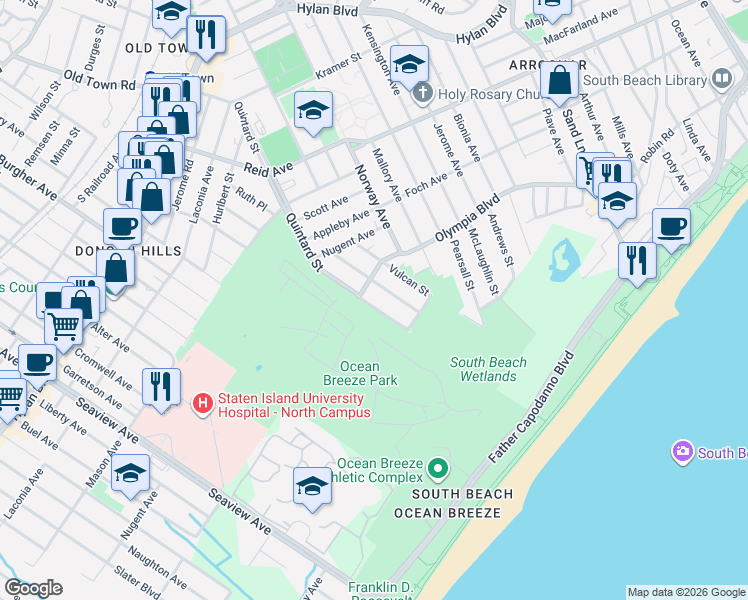 map of restaurants, bars, coffee shops, grocery stores, and more near 411 Quintard Street in Staten Island