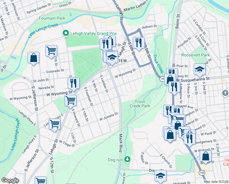 map of restaurants, bars, coffee shops, grocery stores, and more near 1132 South 8th Street in Allentown
