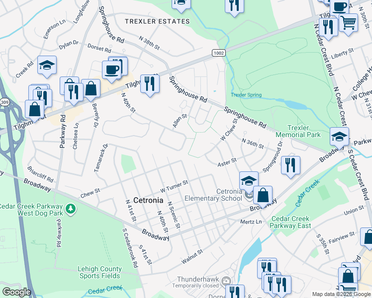 map of restaurants, bars, coffee shops, grocery stores, and more near 3737 West Chew Street in Allentown