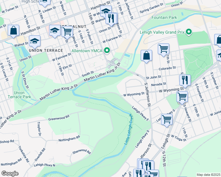 map of restaurants, bars, coffee shops, grocery stores, and more near 1600 Lehigh Parkway East in Allentown