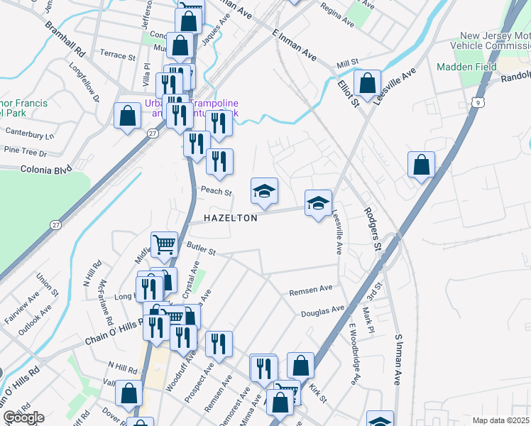 map of restaurants, bars, coffee shops, grocery stores, and more near Woodbine Avenue in Woodbridge Township