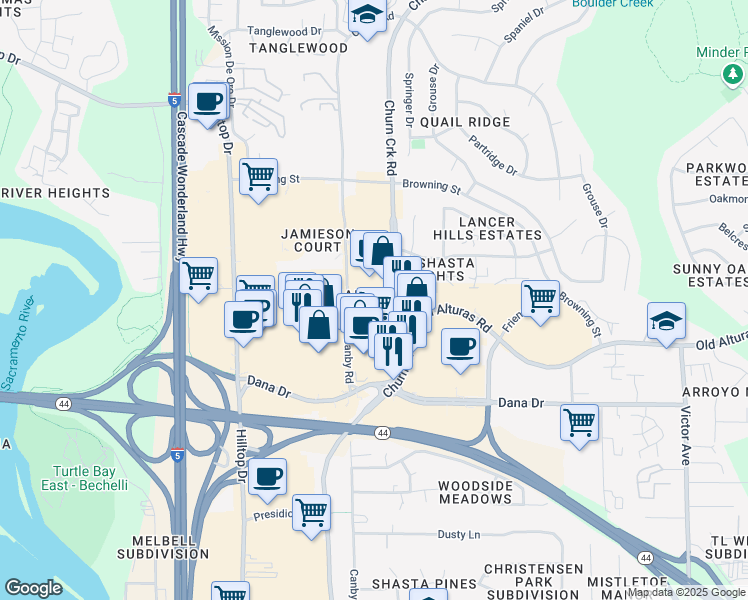 map of restaurants, bars, coffee shops, grocery stores, and more near 1260 Churn Creek Road in Redding