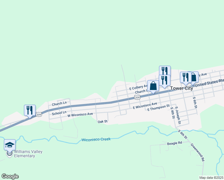 map of restaurants, bars, coffee shops, grocery stores, and more near 113 West Colliery Avenue in Tower City