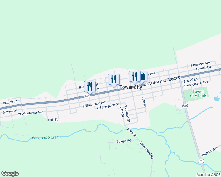 map of restaurants, bars, coffee shops, grocery stores, and more near 315 East Grand Avenue in Tower City