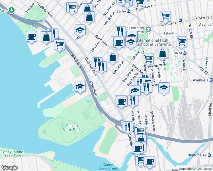 map of restaurants, bars, coffee shops, grocery stores, and more near 2655 Cropsey Avenue in Brooklyn