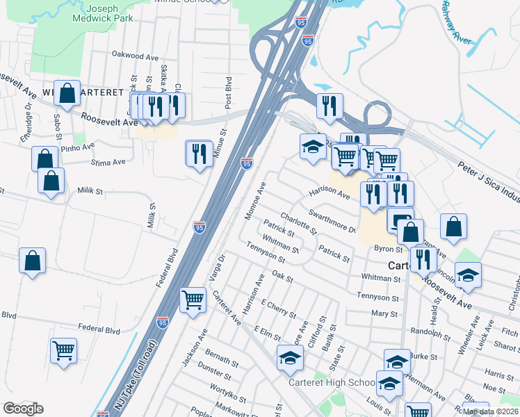 map of restaurants, bars, coffee shops, grocery stores, and more near 53 Charlotte Street in Carteret