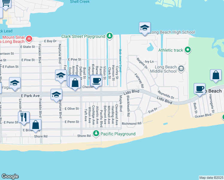 map of restaurants, bars, coffee shops, grocery stores, and more near 824 East Park Avenue in Long Beach