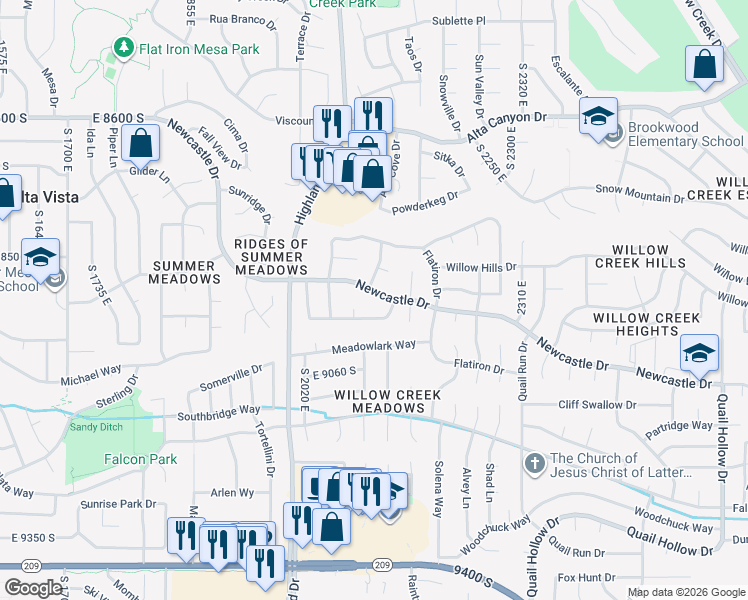 map of restaurants, bars, coffee shops, grocery stores, and more near 8947 Buckingham Court in Sandy
