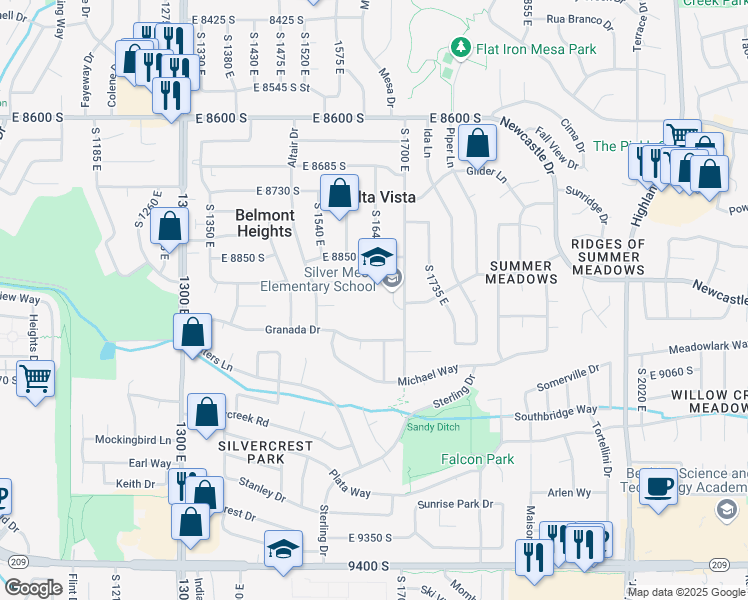 map of restaurants, bars, coffee shops, grocery stores, and more near 1663 Granada Drive in Sandy