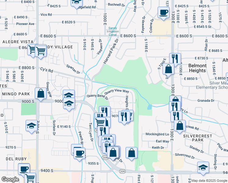 map of restaurants, bars, coffee shops, grocery stores, and more near 1064 Quarry Park Drive in Sandy