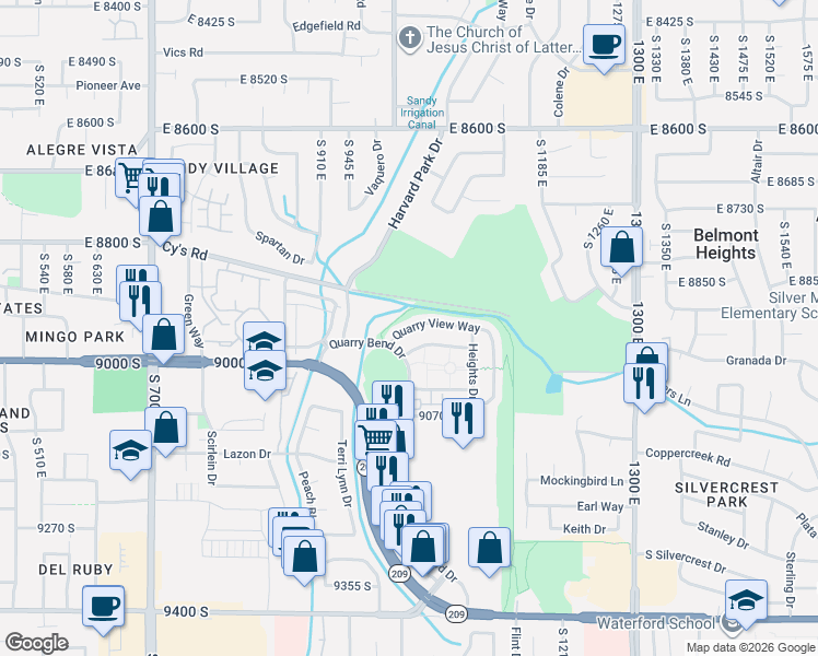 map of restaurants, bars, coffee shops, grocery stores, and more near 1006 Quarry View Way in Sandy