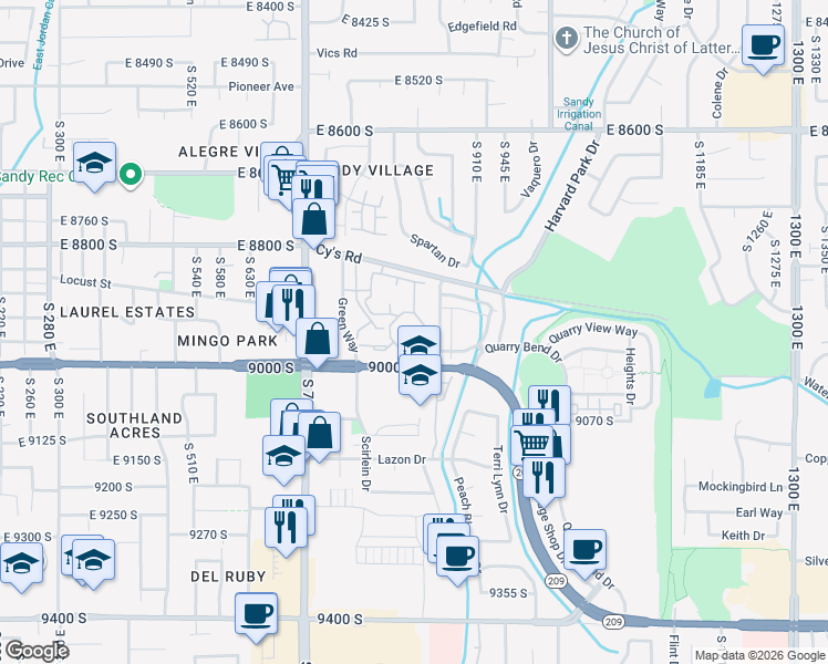 map of restaurants, bars, coffee shops, grocery stores, and more near 835 East 9000 South in Sandy