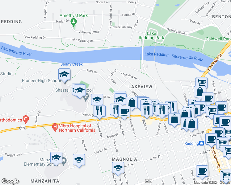 map of restaurants, bars, coffee shops, grocery stores, and more near 1975 8th Street in Redding