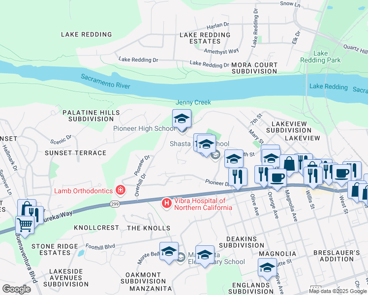 map of restaurants, bars, coffee shops, grocery stores, and more near 2650 8th Street in Redding