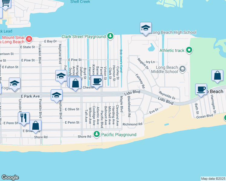 map of restaurants, bars, coffee shops, grocery stores, and more near 824 East Park Avenue in Long Beach