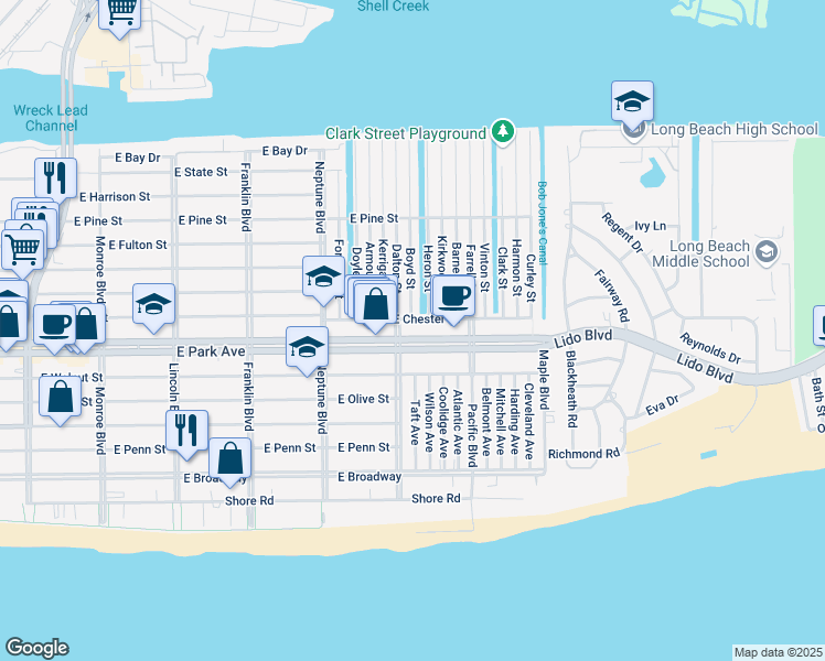 map of restaurants, bars, coffee shops, grocery stores, and more near 395 Roosevelt Boulevard in Long Beach