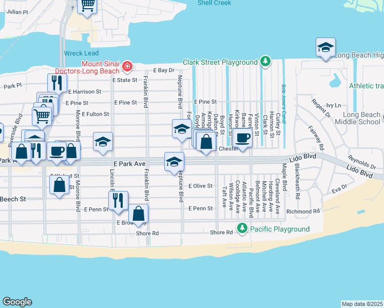 map of restaurants, bars, coffee shops, grocery stores, and more near 630 East Park Avenue in Long Beach