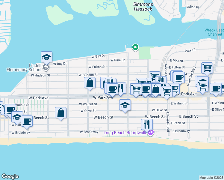 map of restaurants, bars, coffee shops, grocery stores, and more near 266 West Park Avenue in Long Beach