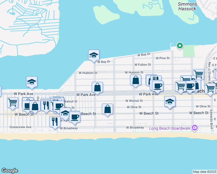 map of restaurants, bars, coffee shops, grocery stores, and more near 4 West Park Avenue in Long Beach