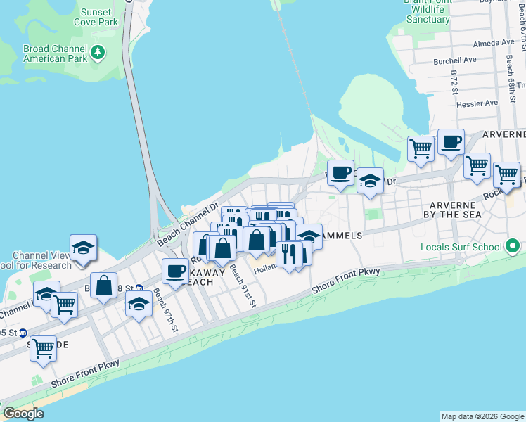 map of restaurants, bars, coffee shops, grocery stores, and more near 3-03 Beach 86th Street in Queens