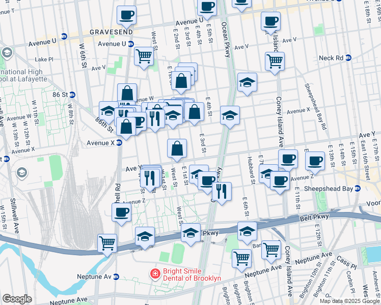 map of restaurants, bars, coffee shops, grocery stores, and more near 2502 East 2nd Street in Brooklyn