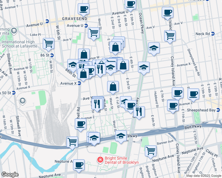 map of restaurants, bars, coffee shops, grocery stores, and more near 447 Avenue Y in Brooklyn
