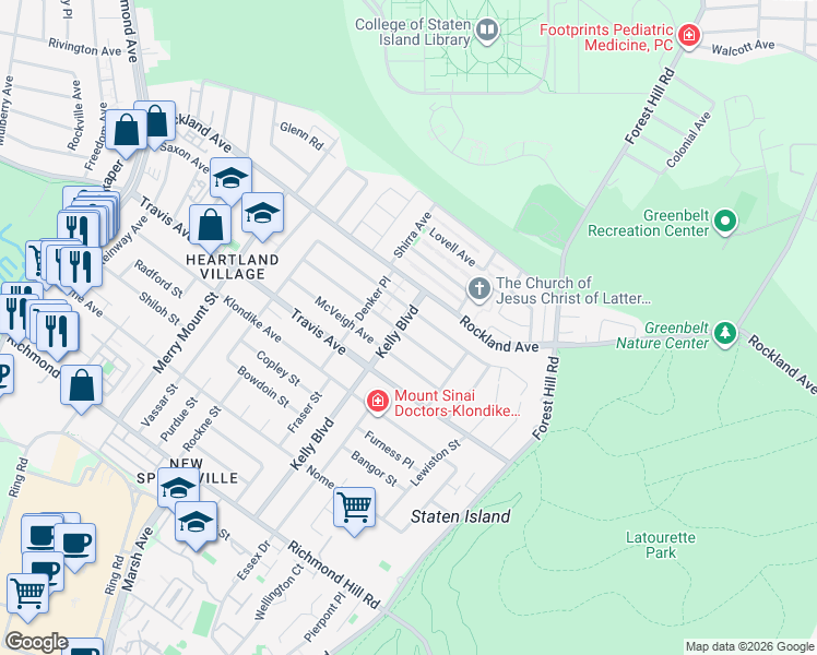 map of restaurants, bars, coffee shops, grocery stores, and more near 45 Braisted Avenue in Staten Island