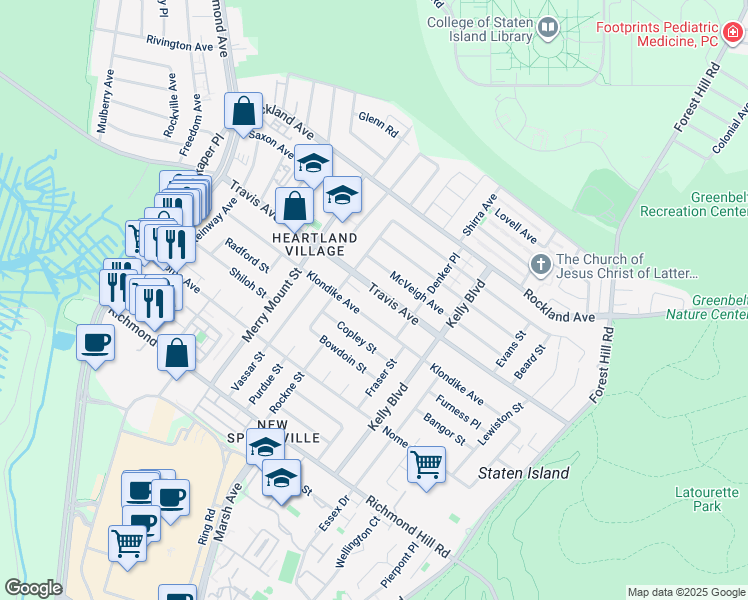 map of restaurants, bars, coffee shops, grocery stores, and more near 587 Klondike Avenue in Staten Island